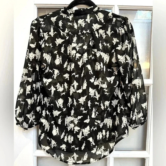 Anthropologie HD in Paris Ruffled Picea Blouse Black White Pastoral Print Size 4 - Picture 2 of 11
